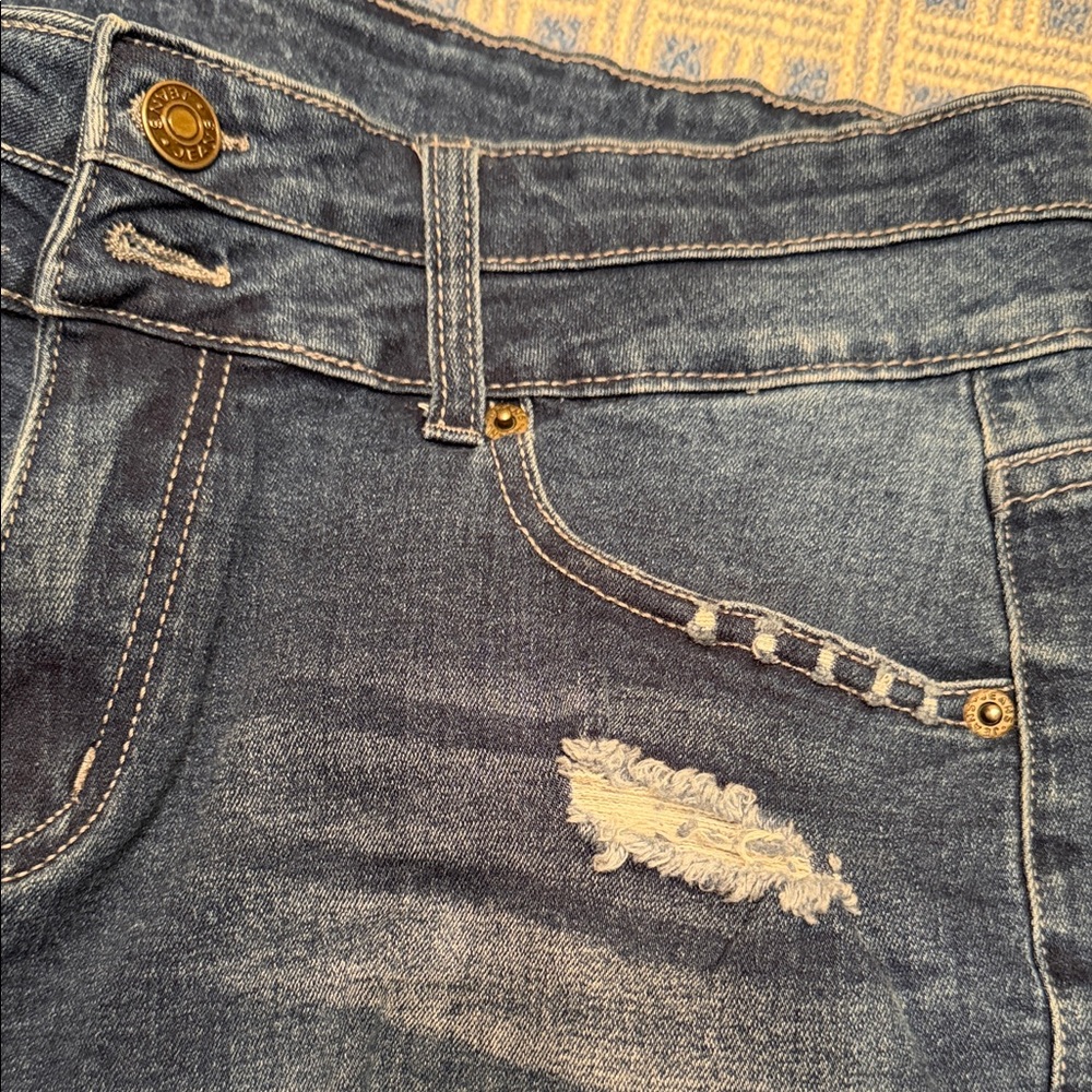 Women’s Dark Blue Distressed Denim Shorts - Picture 2 of 5